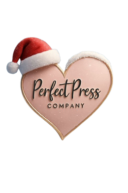 Heart-shaped cookie with a Santa hat and 'Perfect Press Company' text on a white background