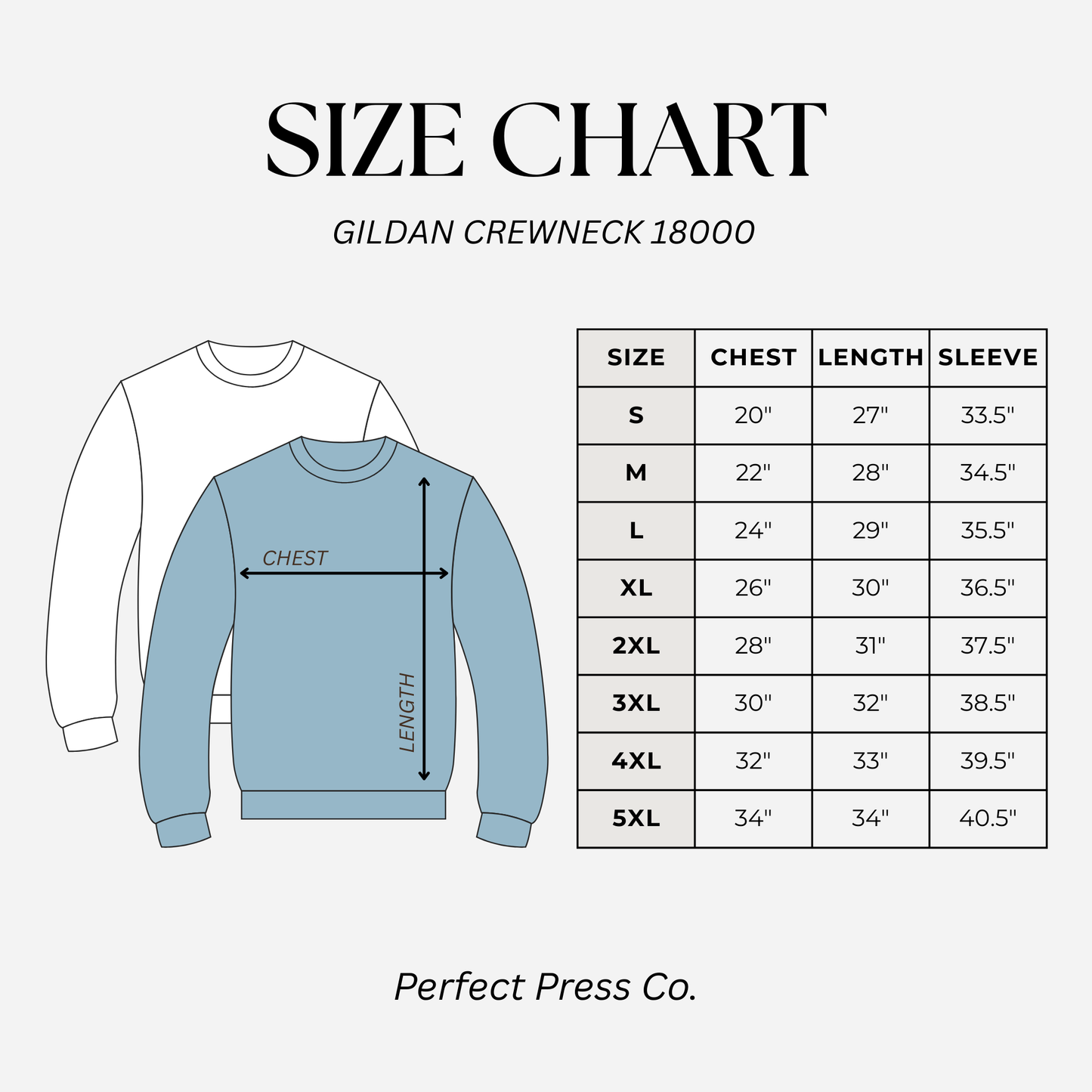 Size chart for Gildan Crewneck 18000 sweatshirt with measurements.