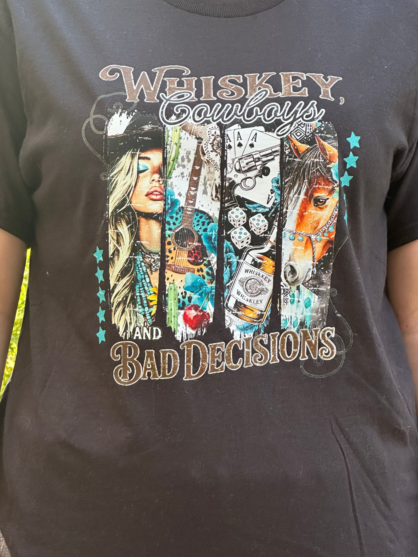 T-shirt with graphic design and text on a dark background