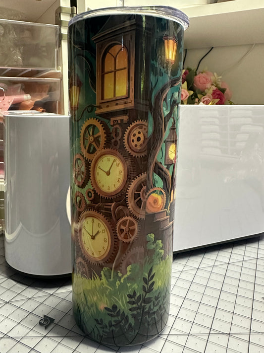 Harry potter Tumbler with steampunk design featuring gears and clocks on a white surface.