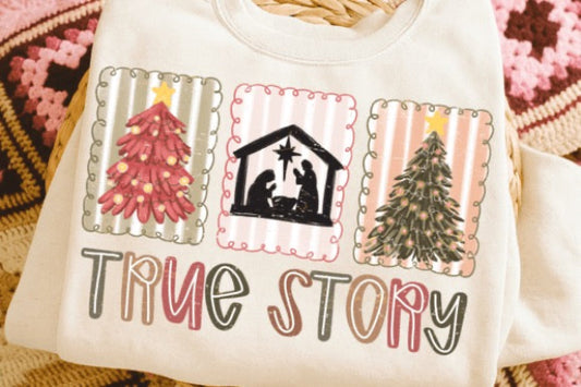 Cream shirt with Christmas-themed design featuring trees and 'True Story' text on a textured background.