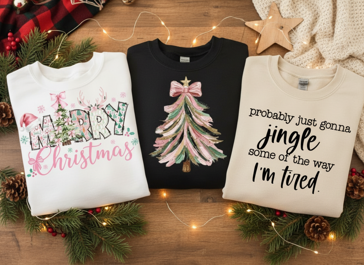 Hero Banner with Festive, Pink Tree, and Jingle Sweatshirts