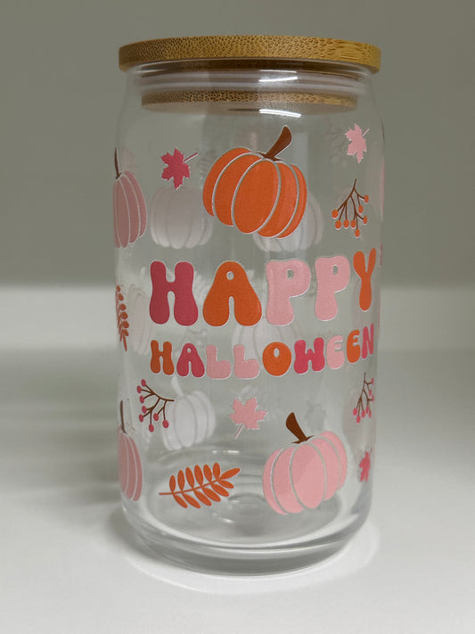 Clear glass tumbler with 'Happy Halloween' design on a white background