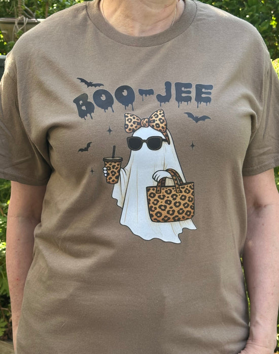 Brown t-shirt with a ghost graphic and 'BOO-JEE' text.