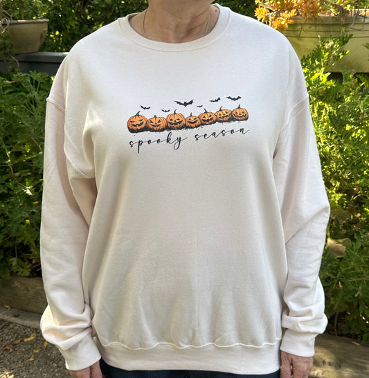 Cute White sweatshirt with Halloween-Pumpkins themed design.