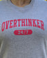 gray t-shirt with 'OVERTHINKER 24/7' text in pink.
