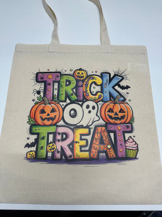 Tote bag with Halloween-themed design on a white background