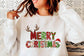 Person wearing a white sweatshirt with 'Merry Christmas' text and reindeer design.