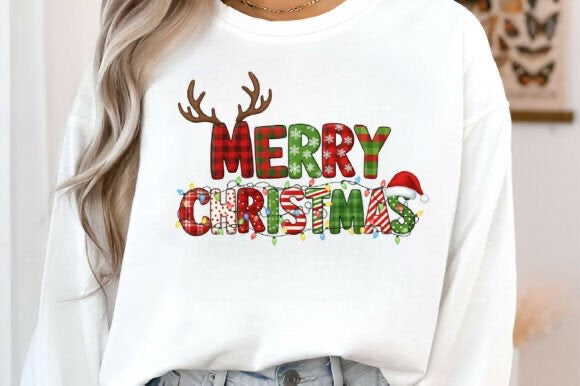White sweatshirt with 'Merry Christmas' text and reindeer design on a plain background