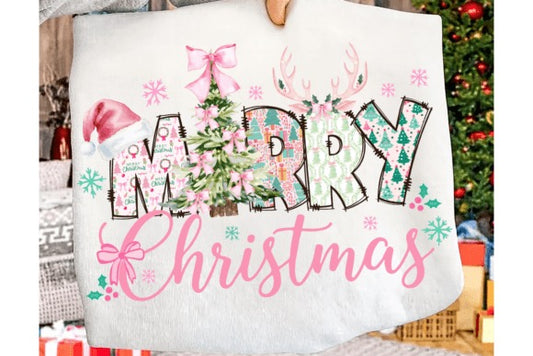 Decorative sweatshirt with 'Merry Christmas' text and festive designs on a white background.